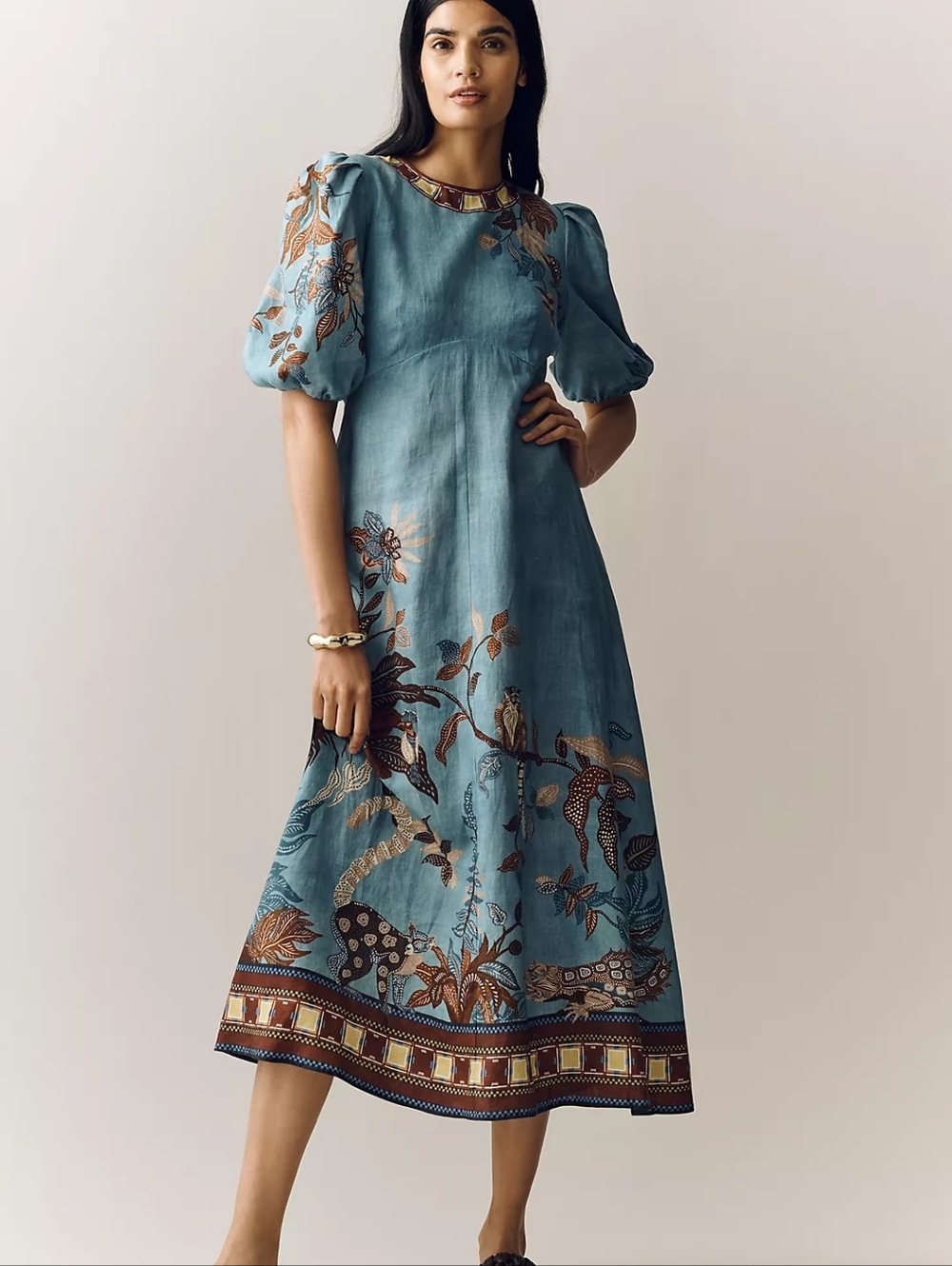 Alemais Teal Floral-Print Midi Dress with Puff Sleeves